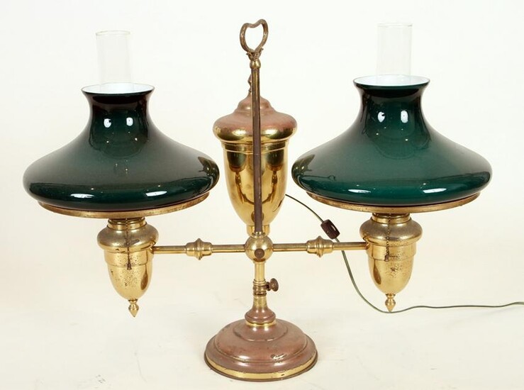 BRASS DOUBLE ARM STUDENT LAMP GLASS SHADES C.1880