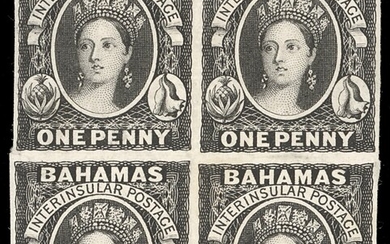 Bahamas 1859 (10 June) One Penny, Imperforate Plate Proofs Block of four on thick white card, g...