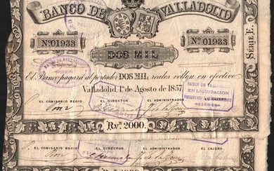 Banco de Valladolid. 1 de agosto de 1857. 2.000 reales de vellón. EBC-. Lote de 3