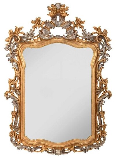 Baroque Style Carved, Silvered, and Gilt Beveled Mirror