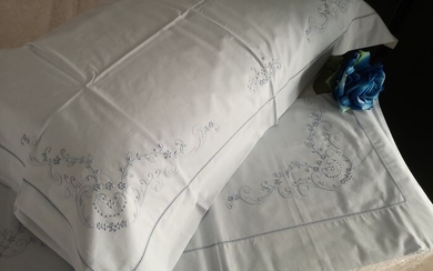 Bellavia cotton percale hand embroidery sheets. blue color - Cotton - AFTER 2000