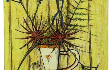 Bernard BUFFET 1928- 1999Bouquet rouge et bleu fond jaune, vase blanc et orangé - 1970Huile...