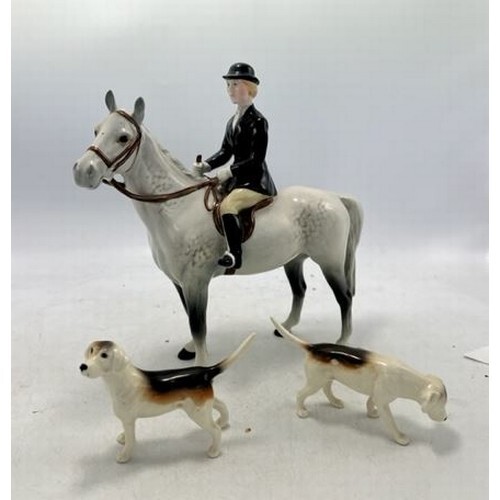 Beswick Huntswoman on grey horse 1730 & hounds(3)