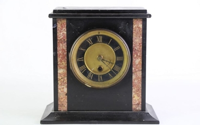 Black Slate Mantle Clock with some marble Inlay (no key or pendulum), H22.5cm