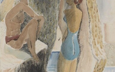 Blair Hughes-Stanton, British 1902-1981 - Two Figures on the Rocks, Cassis, 1937; watercolour and ink on paper, signed and dated lower right 'Blair HS 37', 49.7 x 34.8 cm (ARR) Provenance: the Estate of the Artist Note: Blair Hughes Stanton (1902 –...