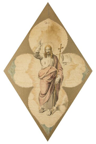 British School, early 19th century- The Risen Christ: Sketch for a stained glass window; pencil, pen and black ink and watercolour on paper, quatrefoil, inscribed 'Top piece' (upper centre), 106.7 x 74 cm. Provenance: with A. J. Mucklow & Son...