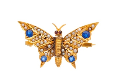 Broche papillon en or, saphir et perle fendue du début du 20e siècle, avec des...