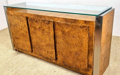 Burl Wood Stainless Trim Modernist Credenza. Glass Top