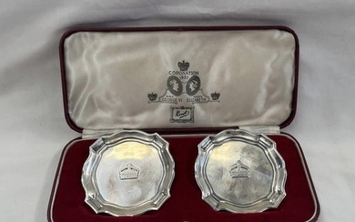 CASED PAIR GEORGE VI SILVER CORONATION PIN DISHES, LONDON 19...