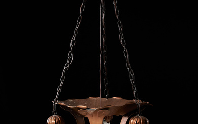 CEILING LAMP, Jugend, early 20th century, copper colored metal with ground frosted glass dome.