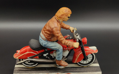 CERAMIC PROMOTIONAL ITEMS FROM KNOCK OUT BASIC WEAR: MOTORCYCLISTS WEARING SUNGLASSES AND LEATHER JACKET - FORMER JEANS BRAND BY S. OLIVER.