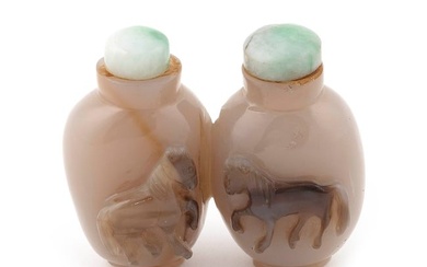 CHINESE CARVED AGATE DOUBLE SNUFF BOTTLE Late 19th Century Height 2". Celadon stoppers.