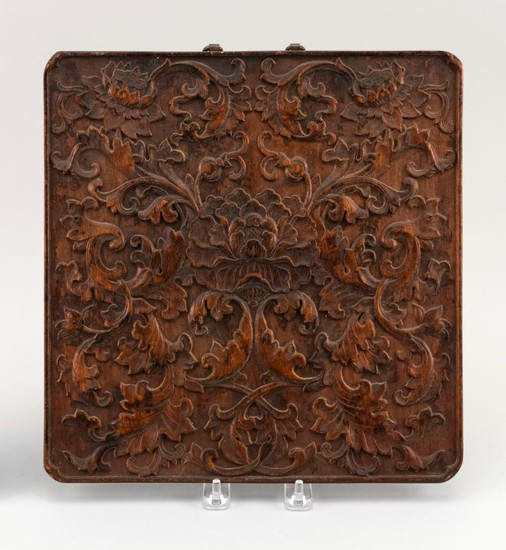 CHINESE CARVED WOOD PANEL With peony leaves and blossoms. 11.5" x 11.5".