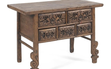 CHINESE SHANXI ELMWOOD TABLE With five heavily carved drawer fronts and similar carving at lower half of legs. Height 34". Width 45"...