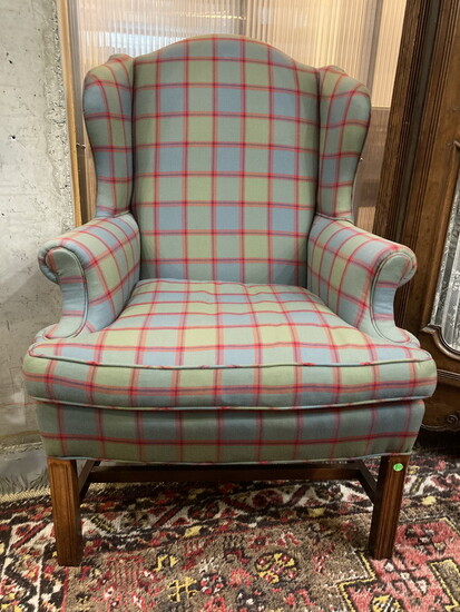 CHIPPENDALE STYLE GRAY AND RED WINDOWPANE PLAID UPHOLSTERED WING CHAIR....