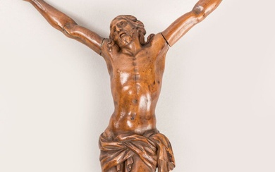 CHRIST en croix en buis, périzonium noué à gauche. Epoque XVIIIème siècle. H. 22 cm,...