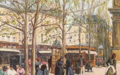 CURTIS (XIXe - XXe SIÈCLES). Place Saint-Sulpice animée, Paris, c. 1900 Huile sur toile, signée...
