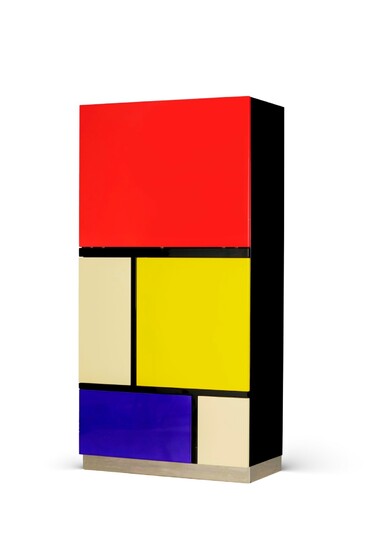 Cabinet Mondrian 2 par Koni Ochsner (1933-1995) pour Rothlisberger, en bois laqué rouge, beige, jaune et bleu, 162x83x36 cm