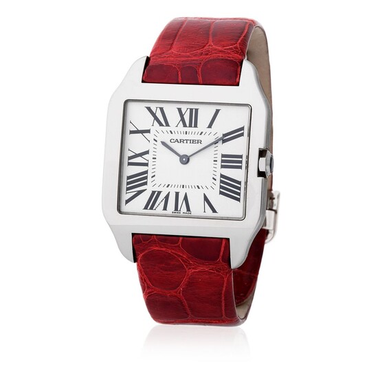Cartier. Catching and Large Square-shape Santos Wristwatch in White Gold, Reference 2651, With Black Roman Numerals Dial, Box and Papers