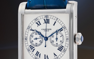 Cartier, Ref. 3078 A very fine and attractive limited edition white gold square-shaped single button chronograph wristwatch with certificate and presentation box, number 64 of 100