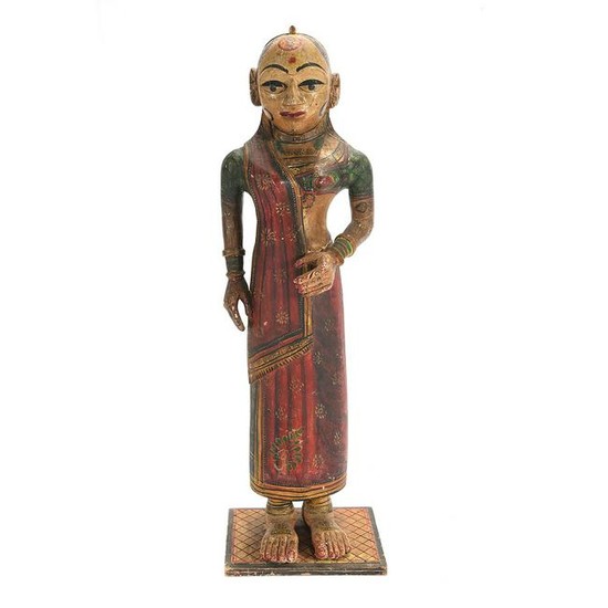 Carved Wood and Painted Indian Standing Female Statue.
