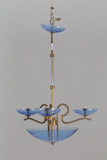 Chandelier in brass and blue glass. Italy. '50s