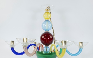 Chandelier with 6 arms after Gio Ponti, in transparent polychrome blown glass, 1980s