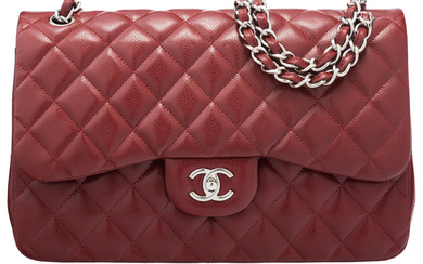 Chanel Dark Red Quilted Caviar Leather Jumbo Double Flap...