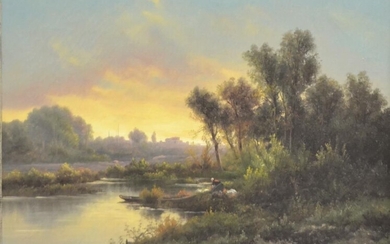 Charles LENGLET (1791- ?) " Lavandière au bord de la rivière " Huile sur toile,...