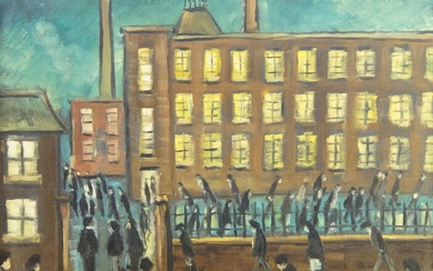 Charles M Jones, British 1923-2008- Factory at night; oil on canvas, signed lower right, 40 x 50 .5 cm (ARR)