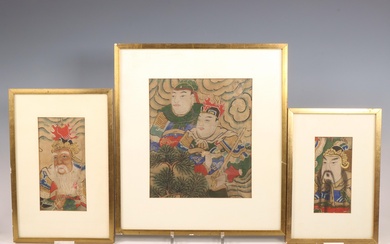 China, drie fragmenten van schilderingen op papier, ca. 1900