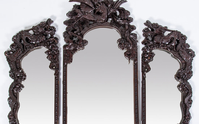 Chinese Carved Dragon Form Three Paneled Mirror