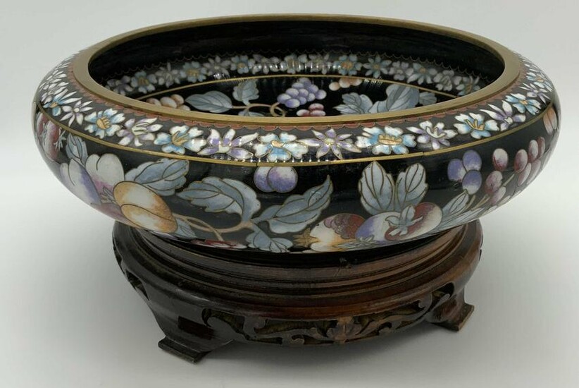 Chinese Cloisonné Bowl with Wooden Stand