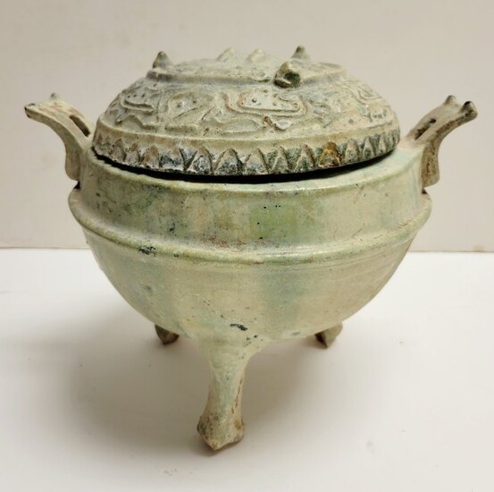 Chinese Pottery Ding Form Lidded Tripod Zodiac Vessel