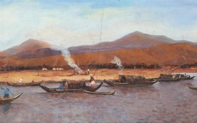 Chinese School , River landscape with boats