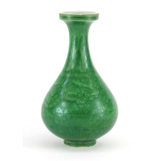 Chinese porcelain green glazed disc top vase, incised