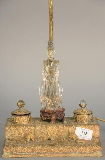 Chinese rock crystal figure on brass inkwell base