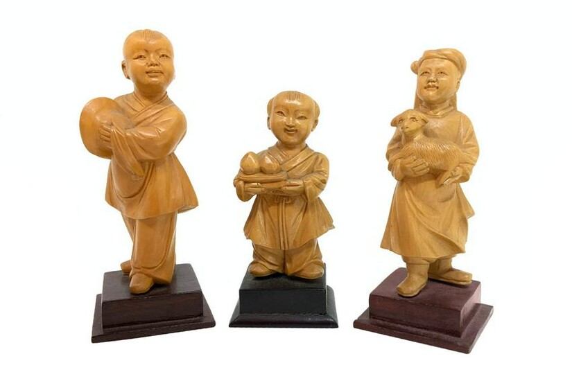 Chinese sculpture of three children with wooden stand