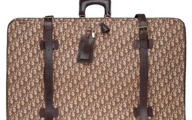 Christian Dior - Valise Vintage en toile oblique monogram et cuir marron Suitcase