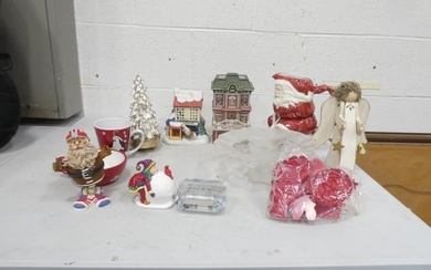 Christmas Lot incl Fitz and Floyd, Department 56 Snowball Figure, Metal Christmas Tree Music Box (wo