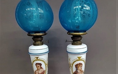 Circa 1880's Antique Oil Lamps now electrified with portraits of woman in gold leaf oval surround.