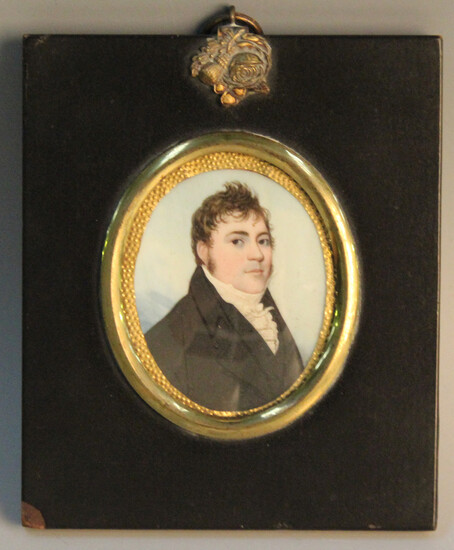 Circle of George Engleheart - Oval Miniature Portrait of a Gentleman wearing a Black Jacket and Whit