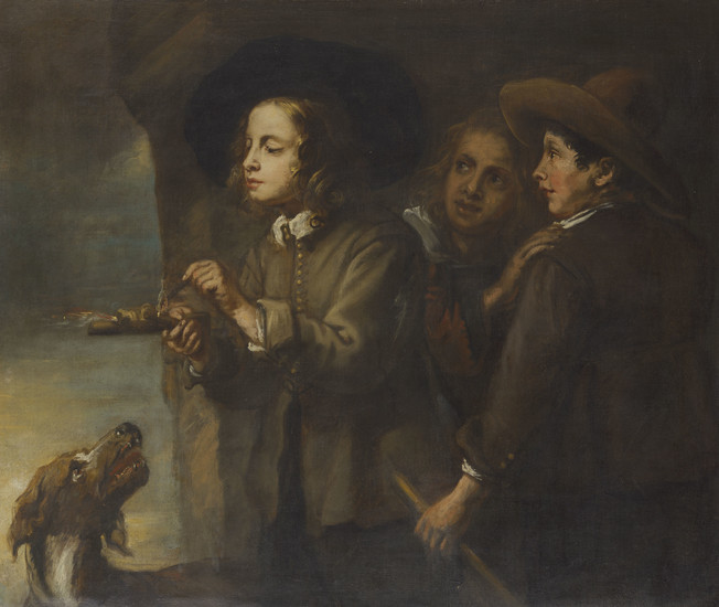 Circle of Jan Cossiers (Antwerp 1600-1671), Three boys lighting a stick of gunpowder