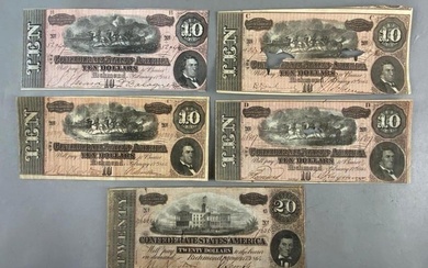 Civil War Group of 5 Confederate States of America Currency