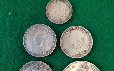 Collection of Victorian Silver Coins. Crown, Double Florin, Florin,...