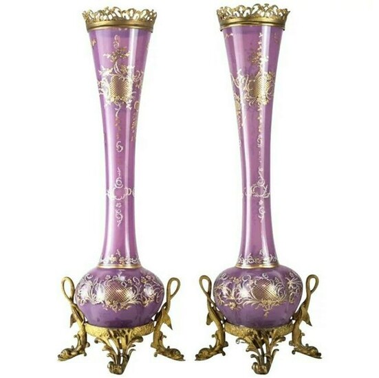 Continental Enamel Gilt Glass Vases, 19th C