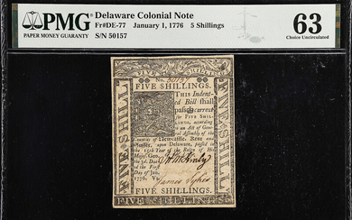 DE-77. Delaware. January 1, 1776. 5 Shillings. PMG Choice Uncirculated 63.
