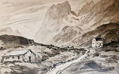 DREVET (Joannès). Col du Glandon 1929. Lavis de grande taille, 28,5 x 21,5 cm, bien...