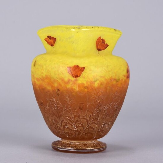 Daum Frères (late 19th Century) French Art Nouveau etched and enamelled cameo glass vase. Japanese inspired vase decorated with flowering poppies against a vibrant yellow field, highlighted with gilding. Signed Daum Nancy to bottom of base in worn...