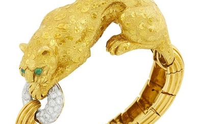 David Webb Gold, Platinum, Diamond and Cabochon Emerald Panther Bracelet